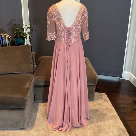 Women’s Pink A-Line Tea Length Chiffon & Lace Appliqué Dress Corset Back Size 12 - Picture 4 of 10